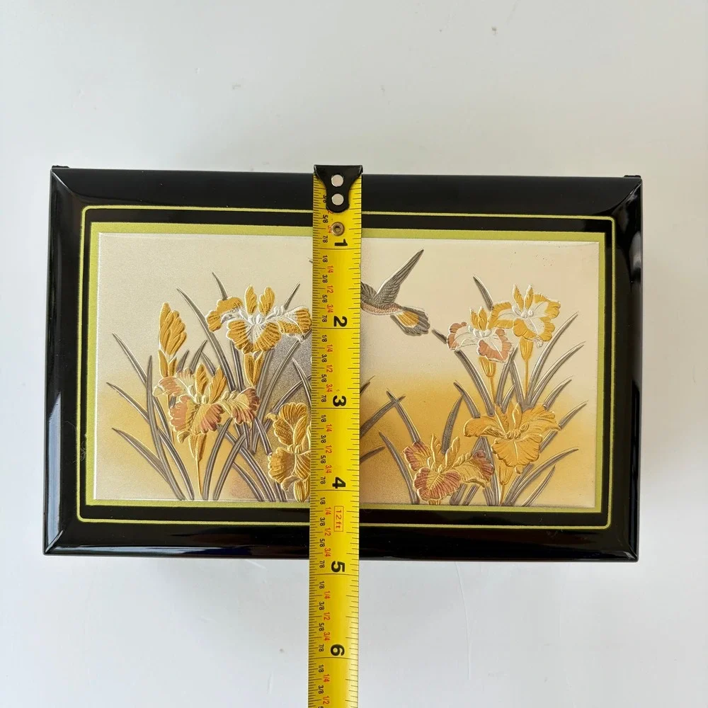 Vintage Japanese Black Lacquer Chokin Music Jewelry Box Hummingbird Iris Flower